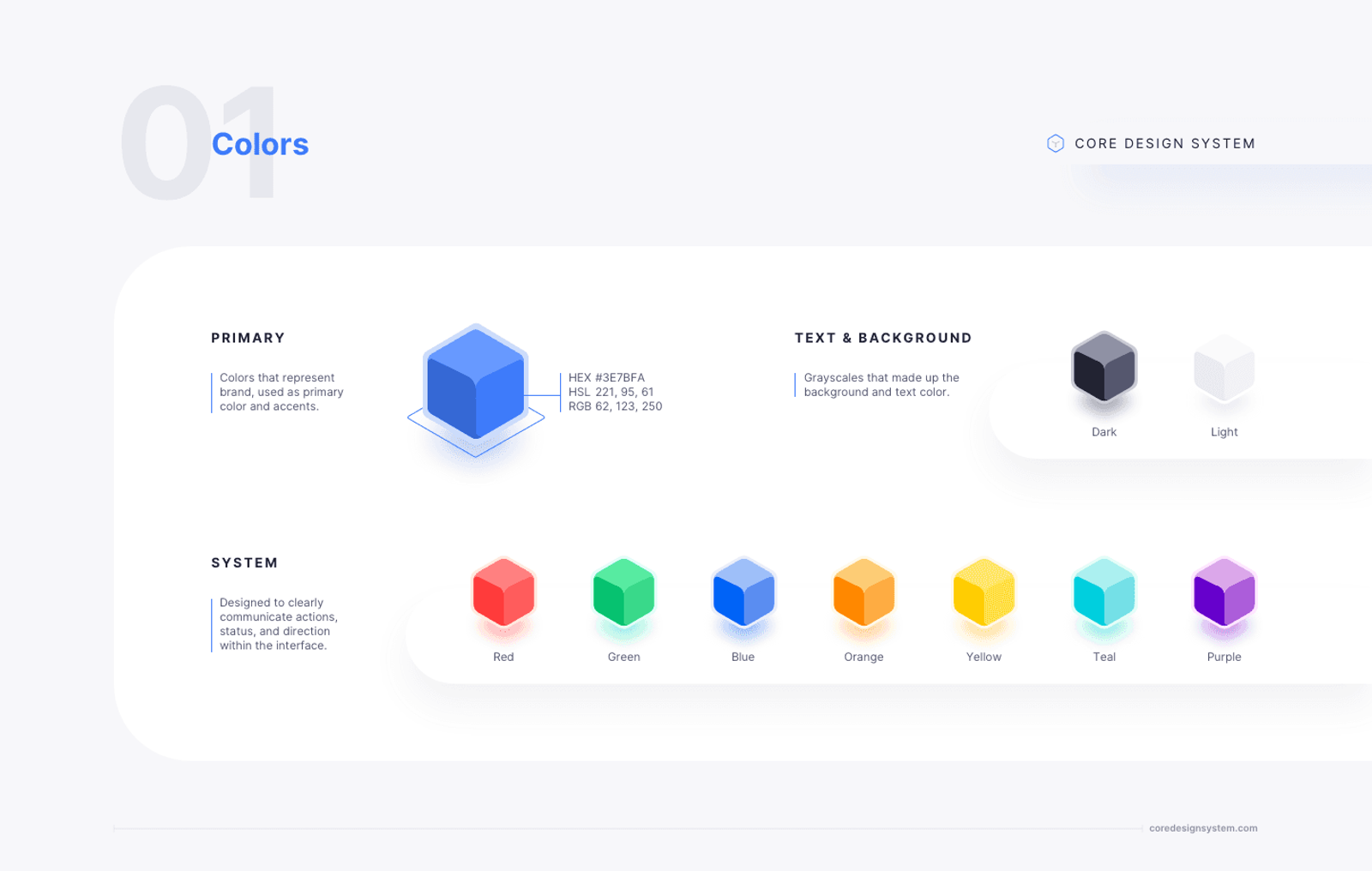 A design system's colour page: primary blue, dark and light text colours, and seven system colours