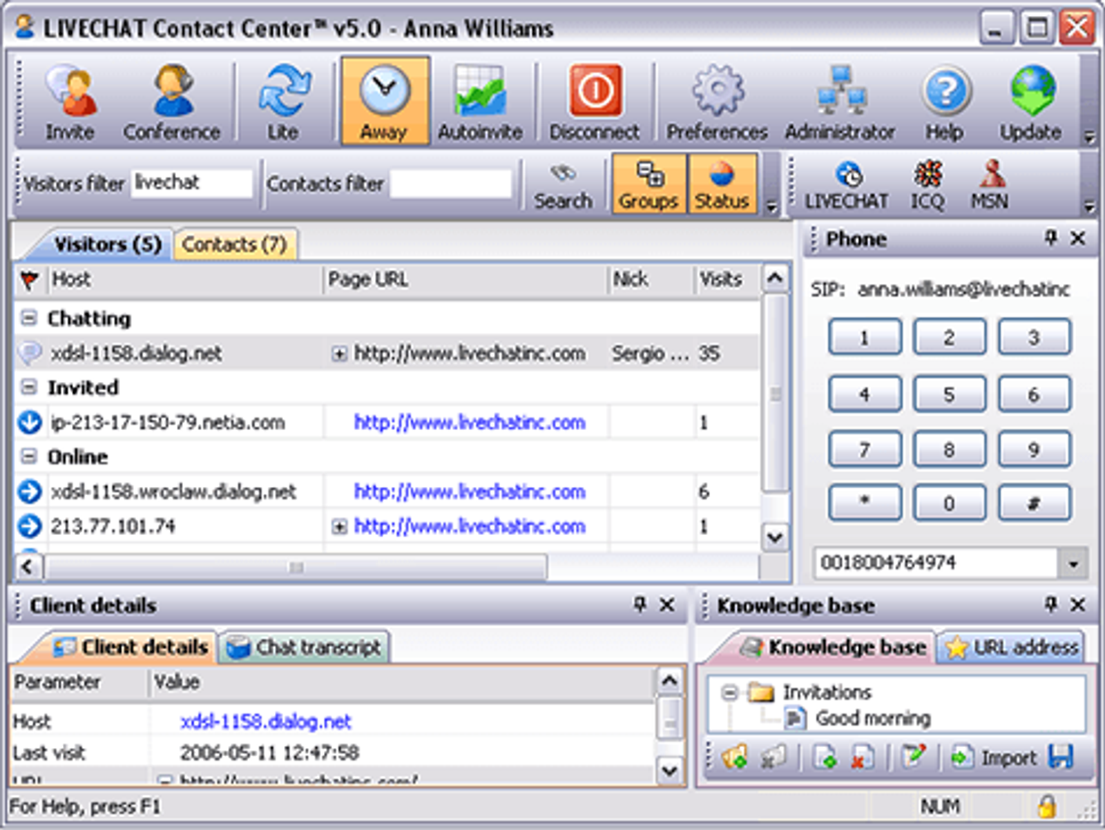 An old LiveChat Contact Center desktop app crowded with toolbars, panels and tabs