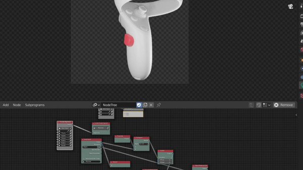 Ein Screenshot der Blender Animation Nodes und des Renderings