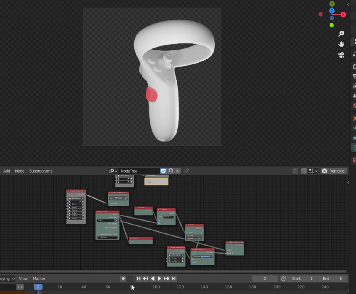 Ein Screenshot der Blender Animation Nodes und des Renderings