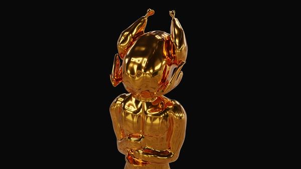 Die Trophäe des LIW-Awards, umschwirrt von kleinen Goldpartikeln. Sie sieht aus wie ein Academy Award mit einem gebratenen Truthahn anstelle eines Kopfes.