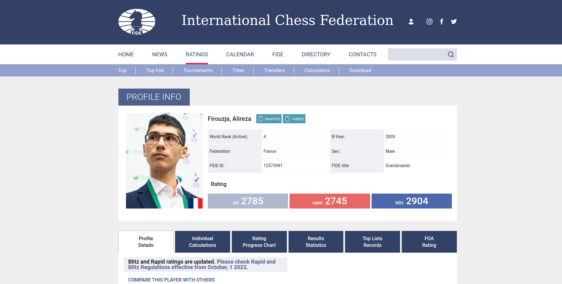 das FIDE-Profil von Alireza Firouzja