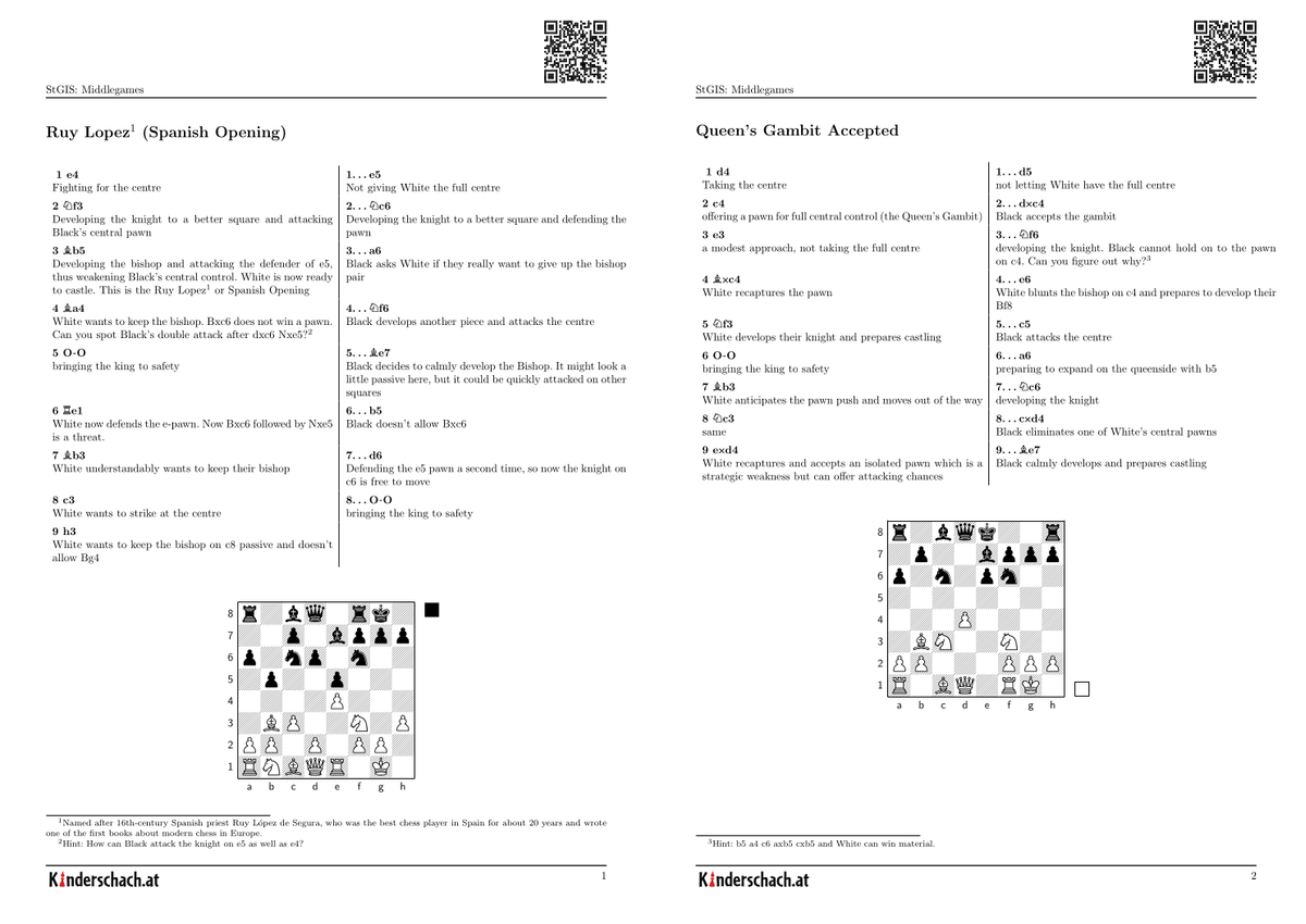 Zwei Arbeitszettel mit Schach-Eröffnungen