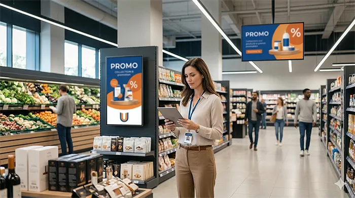 Écrans d’affichage dynamique en magasin utilisés dans une stratégie de retail media pour diffuser des campagnes commerciales et partenaires
