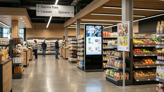 Différents supports de communication en magasin avec signalétique, affiche promotionnelle et écran digital dans un point de vente