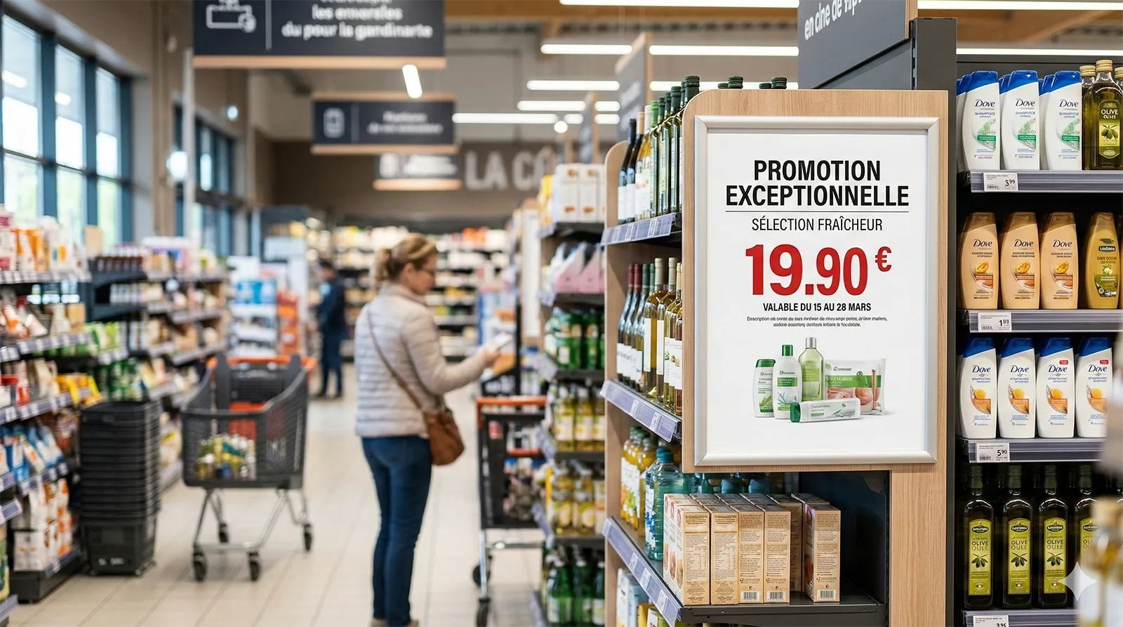 Affiche promotionnelle lisible installée en rayon dans un magasin