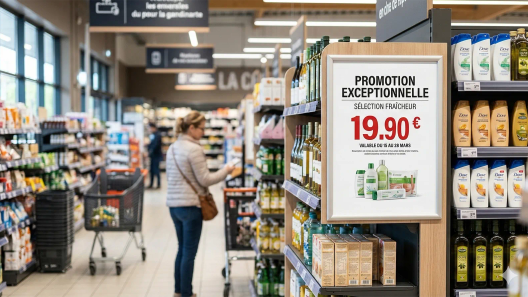 Affiche promotionnelle lisible installée en rayon dans un magasin