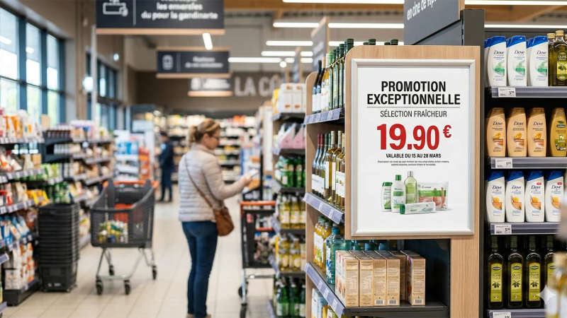 Affiche promotionnelle lisible installée en rayon dans un magasin