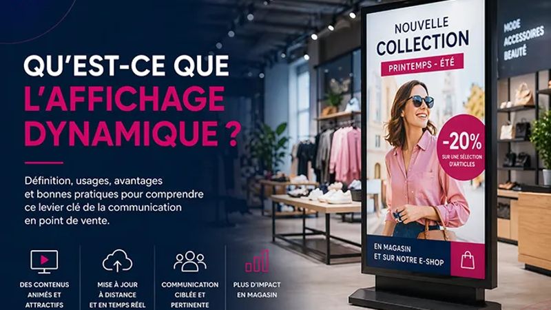 Écrans d’affichage dynamique en magasin utilisés pour diffuser des contenus commerciaux et informatifs en point de vente