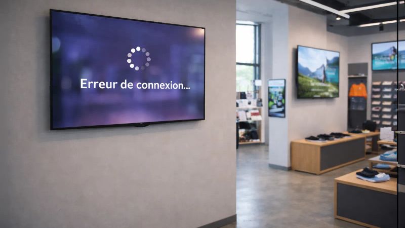 Écran d’affichage dynamique affichant une erreur de connexion dans un magasin
