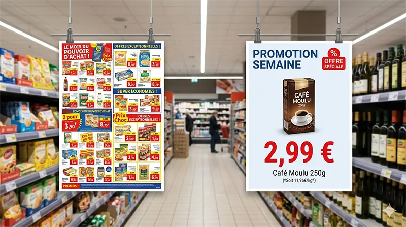 Comparatif en magasin entre une affiche promotionnelle surchargée et une affiche promotionnelle claire avec prix bien lisible