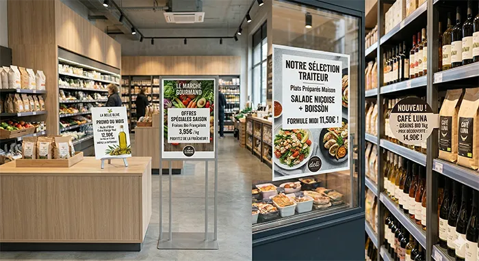 Comparatif des formats d’affichage magasin A4, A3, vitrine et stop-rayon en point de vente