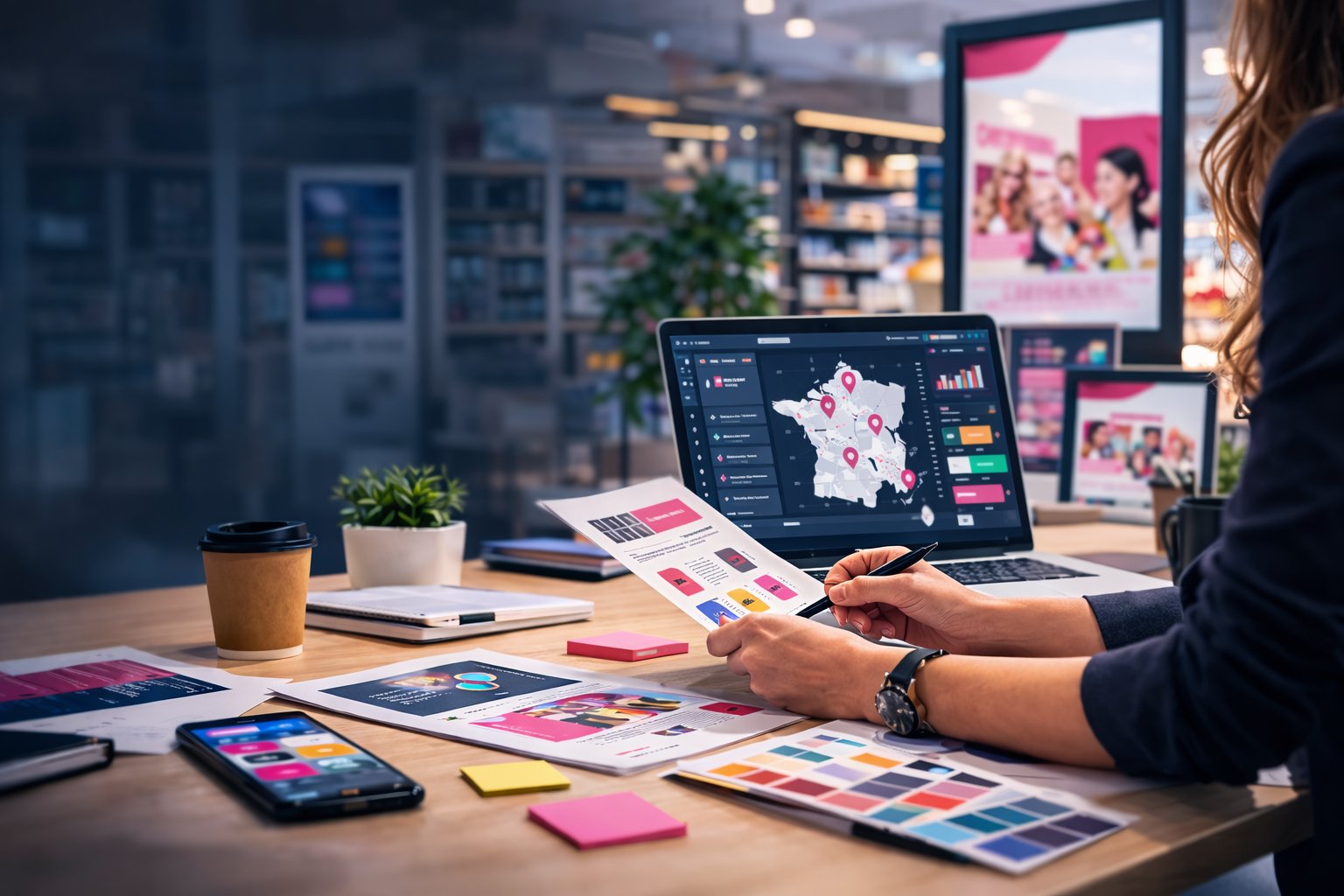 Responsable réseau pilotant une communication magasin harmonisée entre siège et points de vente sur affiches et écrans