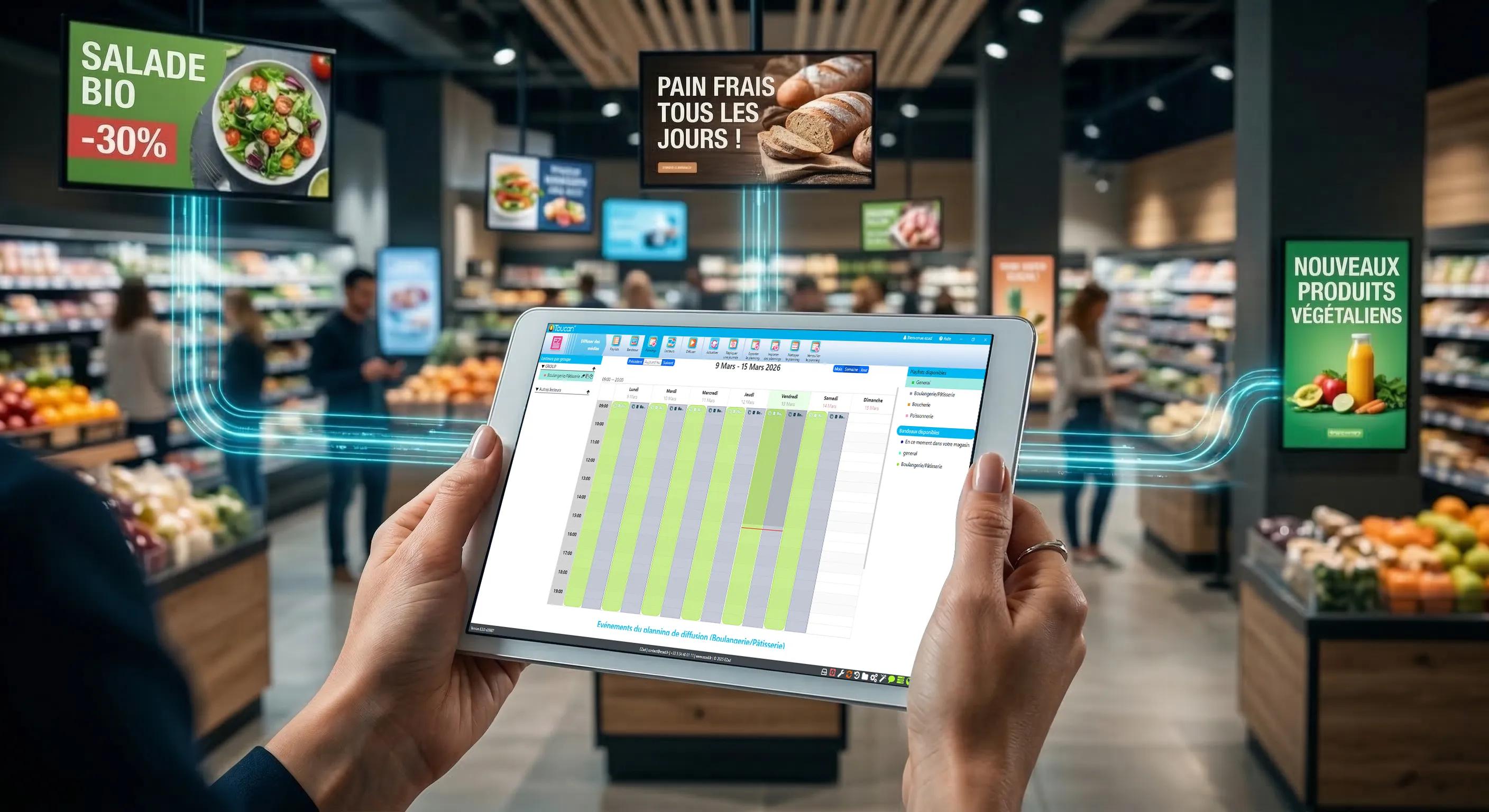 Interface Toucan de planification et de pilotage centralisé des campagnes d’écrans en magasin à l’échelle d’un réseau.