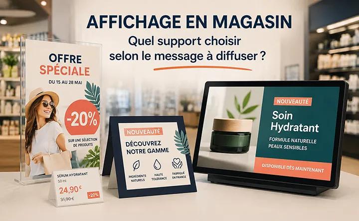 Supports d’affichage en magasin pour adapter le message entre papier, PLV et écran digital