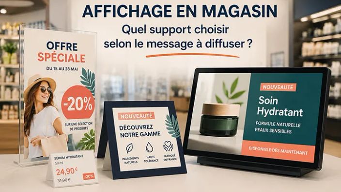 Supports d’affichage en magasin pour adapter le message entre papier, PLV et écran digital