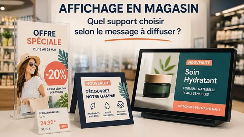 Supports d’affichage en magasin pour adapter le message entre papier, PLV et écran digital