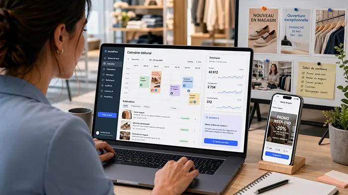 Pilotage des réseaux sociaux retail avec calendrier éditorial, statistiques et aperçu de publication sur mobile