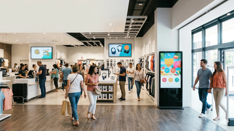 Écrans en magasin diffusant des contenus adaptés aux différents emplacements du parcours client