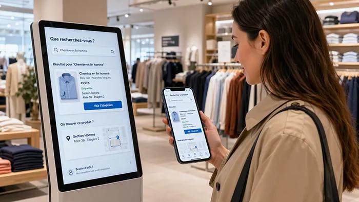 Cliente utilisant une borne et une application mobile pour localiser un produit dans un magasin de mode