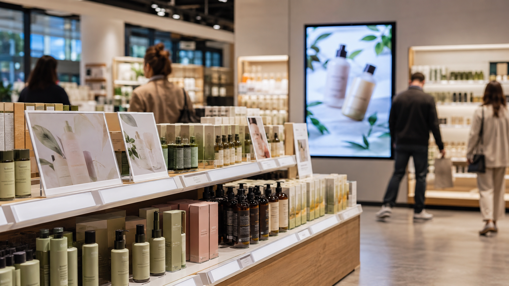 Affichage papier en rayon et écran de PLV digitale dans un magasin