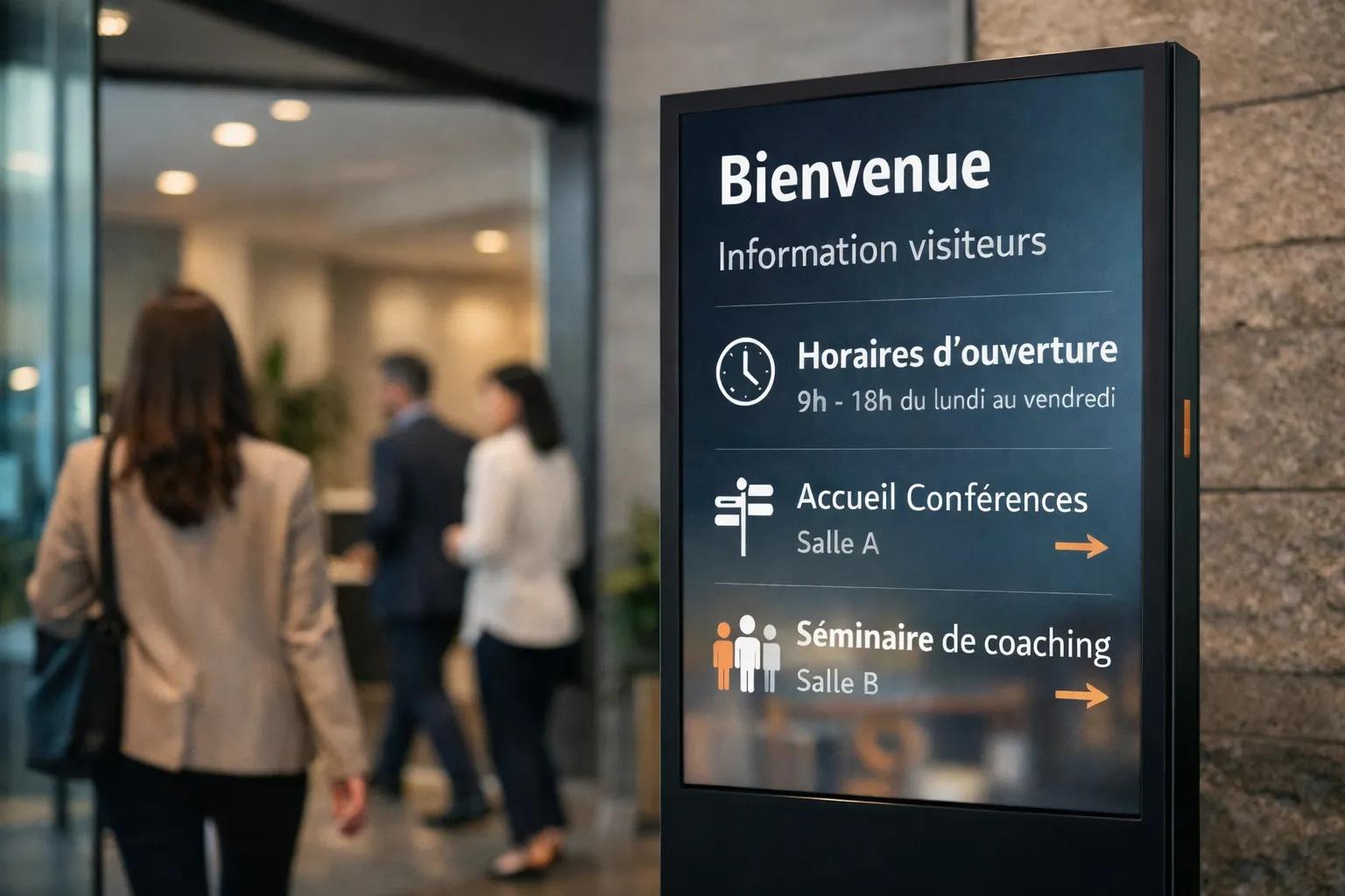 Écran à l’entrée d’un magasin diffusant des contenus  clairs et hiérarchisés