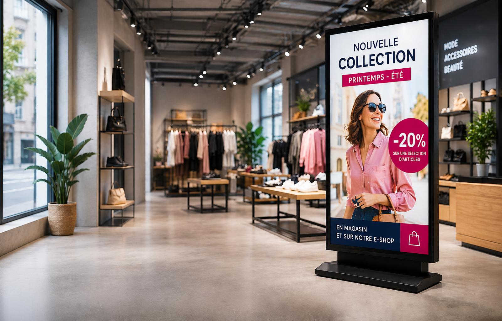 Totem d’affichage dynamique installé dans un magasin de prêt-à-porter