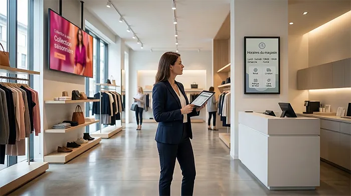 Comparaison entre un écran d’affichage dynamique classique et un support color e-paper dans une boutique de mode moderne