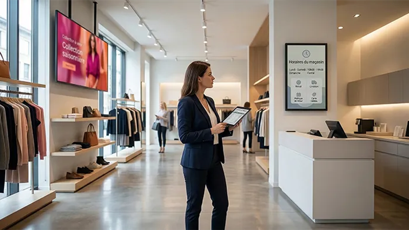 Comparaison entre un écran d’affichage dynamique classique et un support color e-paper dans une boutique de mode moderne