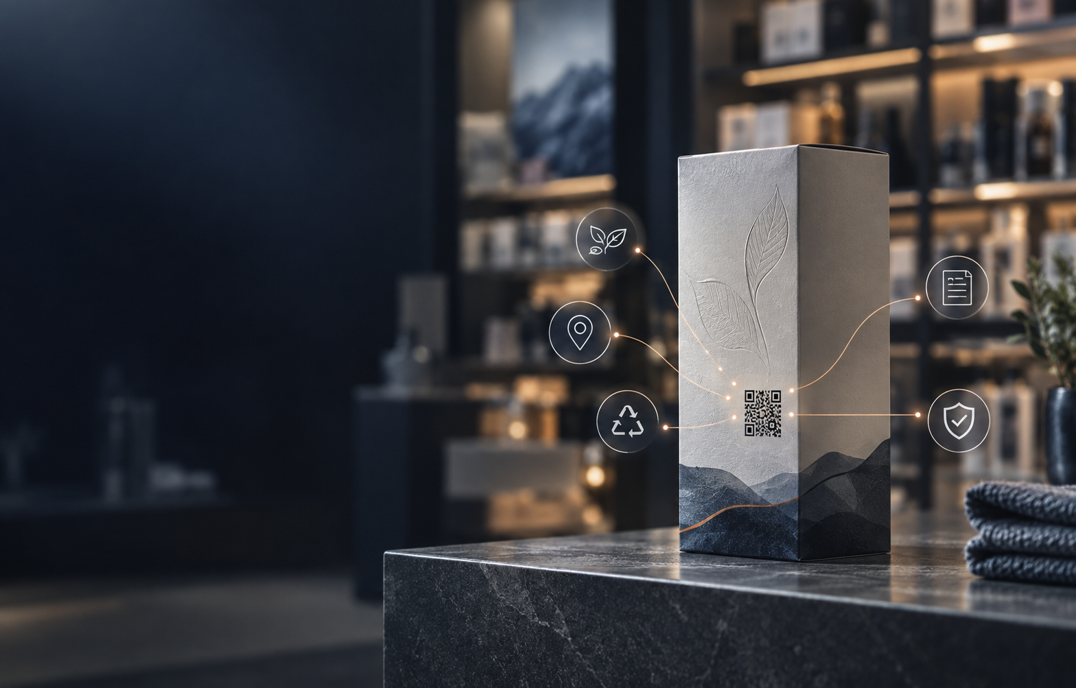 Digital Product Passport : produit avec QR code connecté à des données de traçabilité, conformité et recyclage.