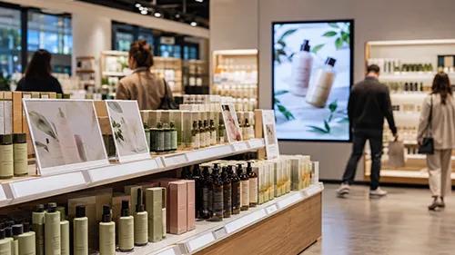 Printed signage on a shelf and a digital POS screen in a store