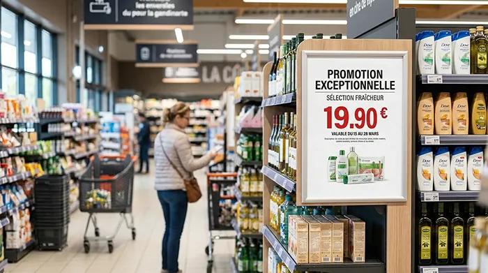 Affiche promotionnelle lisible en magasin avec prix visible et hiérarchie visuelle claire en rayon