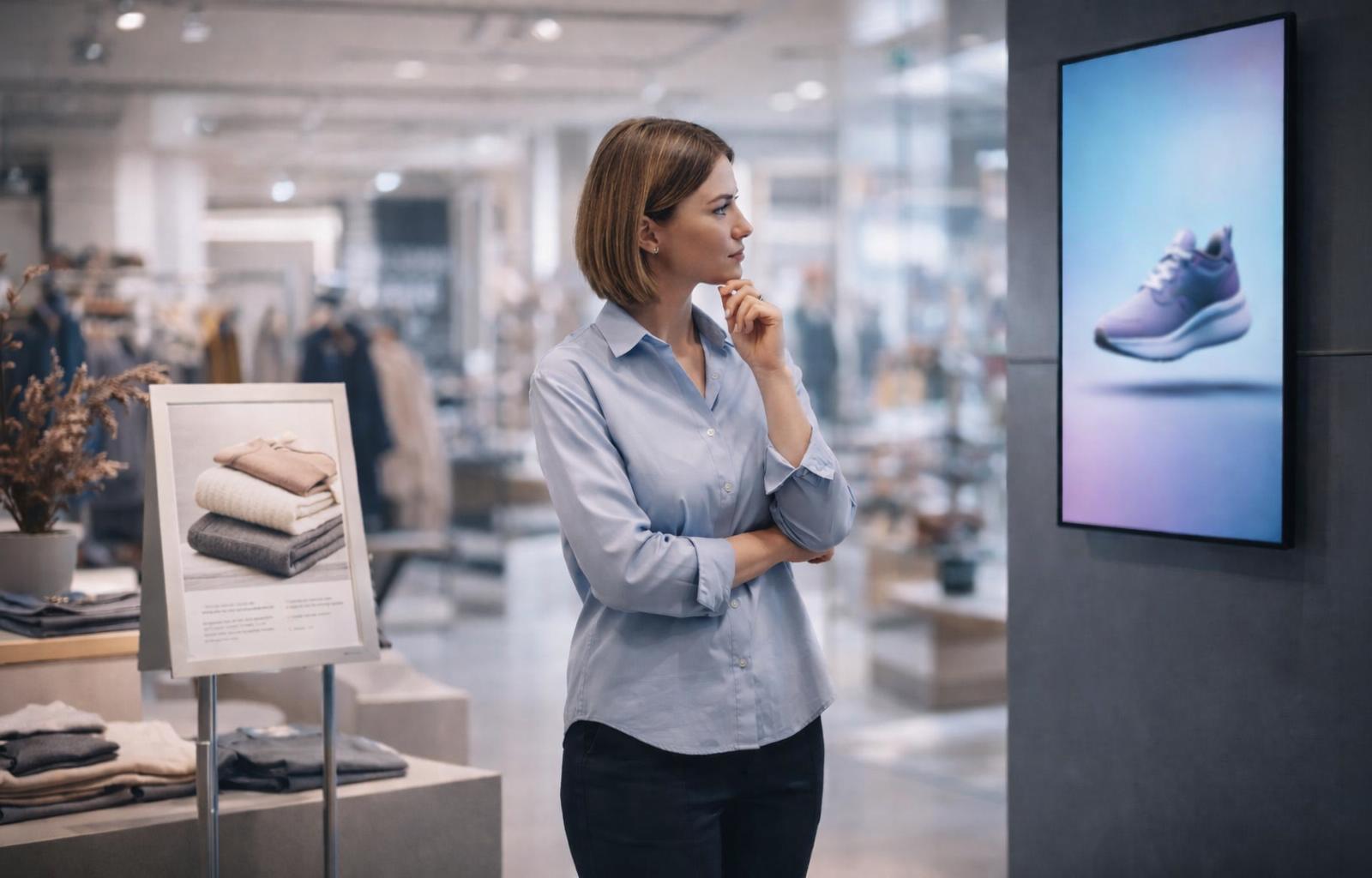 Scène de magasin illustrant la complémentarité entre PLV digitale et affichage papier