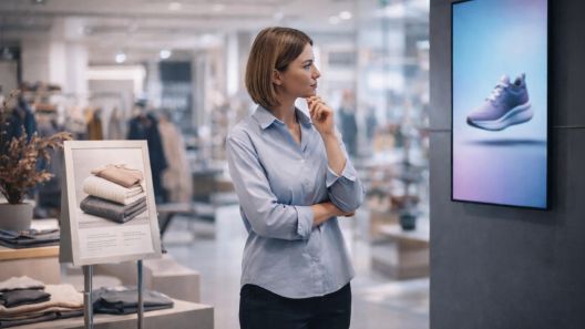Retail professional comparing printed signage with a digital display in a clothing store