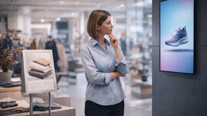 Retail professional comparing printed signage with a digital display in a clothing store