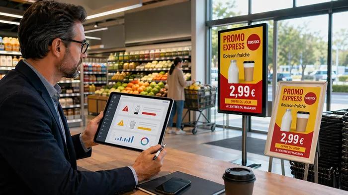 Responsable magasin pilotant une promotion sur produit en surstock avec affichage prix sur écran et chevalet en magasin