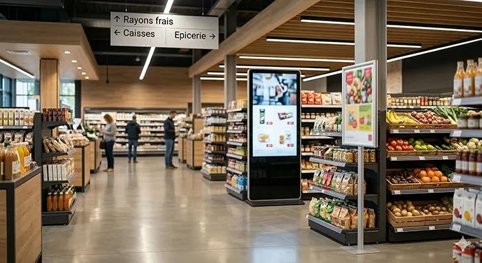 Différents supports de communication en magasin avec signalétique, affiche promotionnelle et écran digital dans un point de vente
