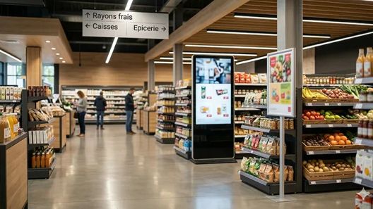 Différents supports de communication en magasin avec signalétique, affiche promotionnelle et écran digital dans un point de vente