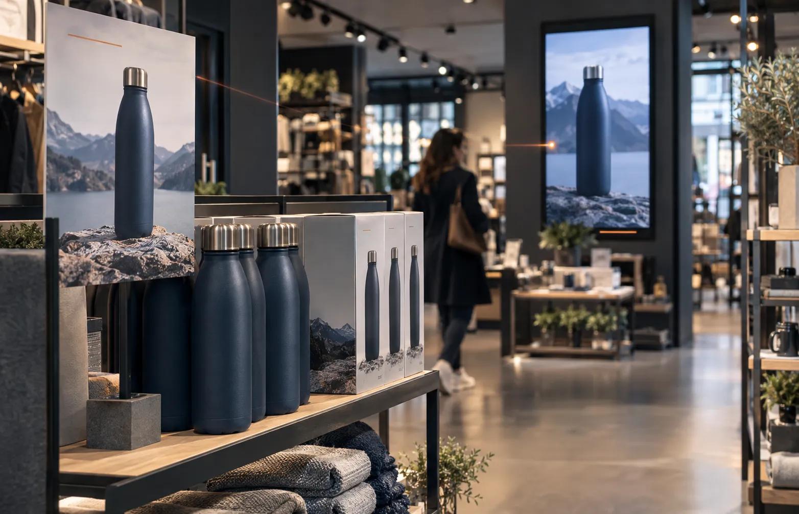 Même donnée produit utilisée sur plusieurs supports de communication dans un magasin.