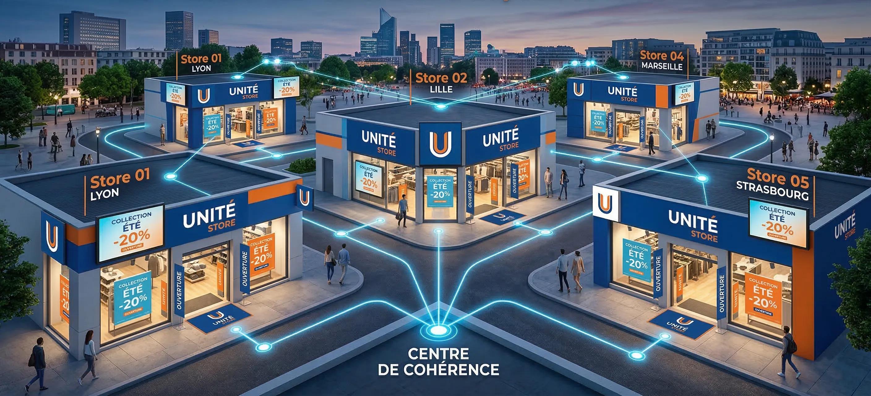 Illustration d’un réseau de points de vente reliés à un centre de pilotage, avec des affiches et écrans harmonisés pour assurer une communication cohérente d’un magasin à l’autre.