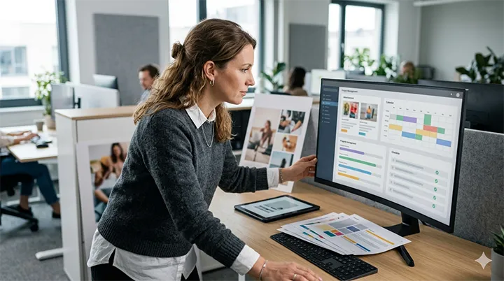 Responsable communication vérifiant une campagne magasin sur écran avant son envoi au réseau