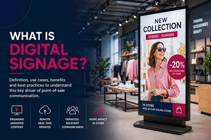 In-store digital signage screens used to display commercial and informational content at the point of sale