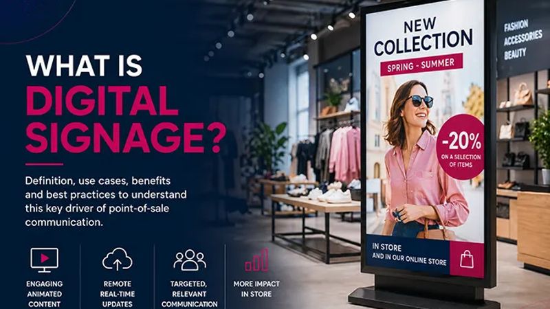 In-store digital signage screens used to display commercial and informational content at the point of sale