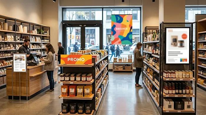 Différents formats d’affichage en magasin avec affiche A4, affiche A3, vitrine et stop-rayon en point de vente