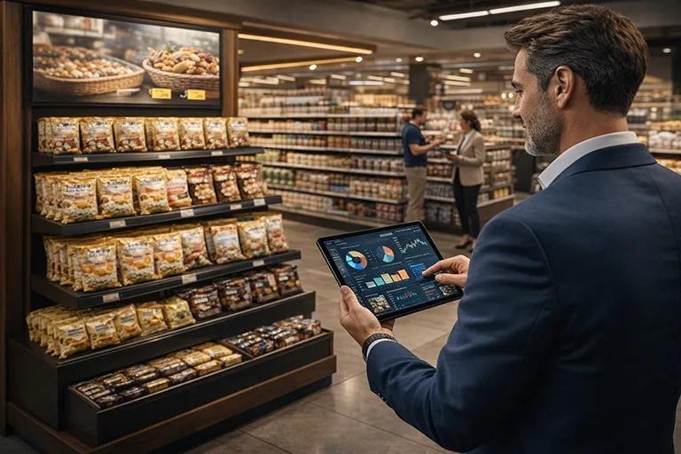 Responsable merchandising analysant une implantation produit premium sur tablette dans un point de vente moderne