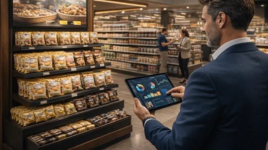 Équipe merchandising analysant des données retail et des supports de communication magasin avec l’aide de l’IA