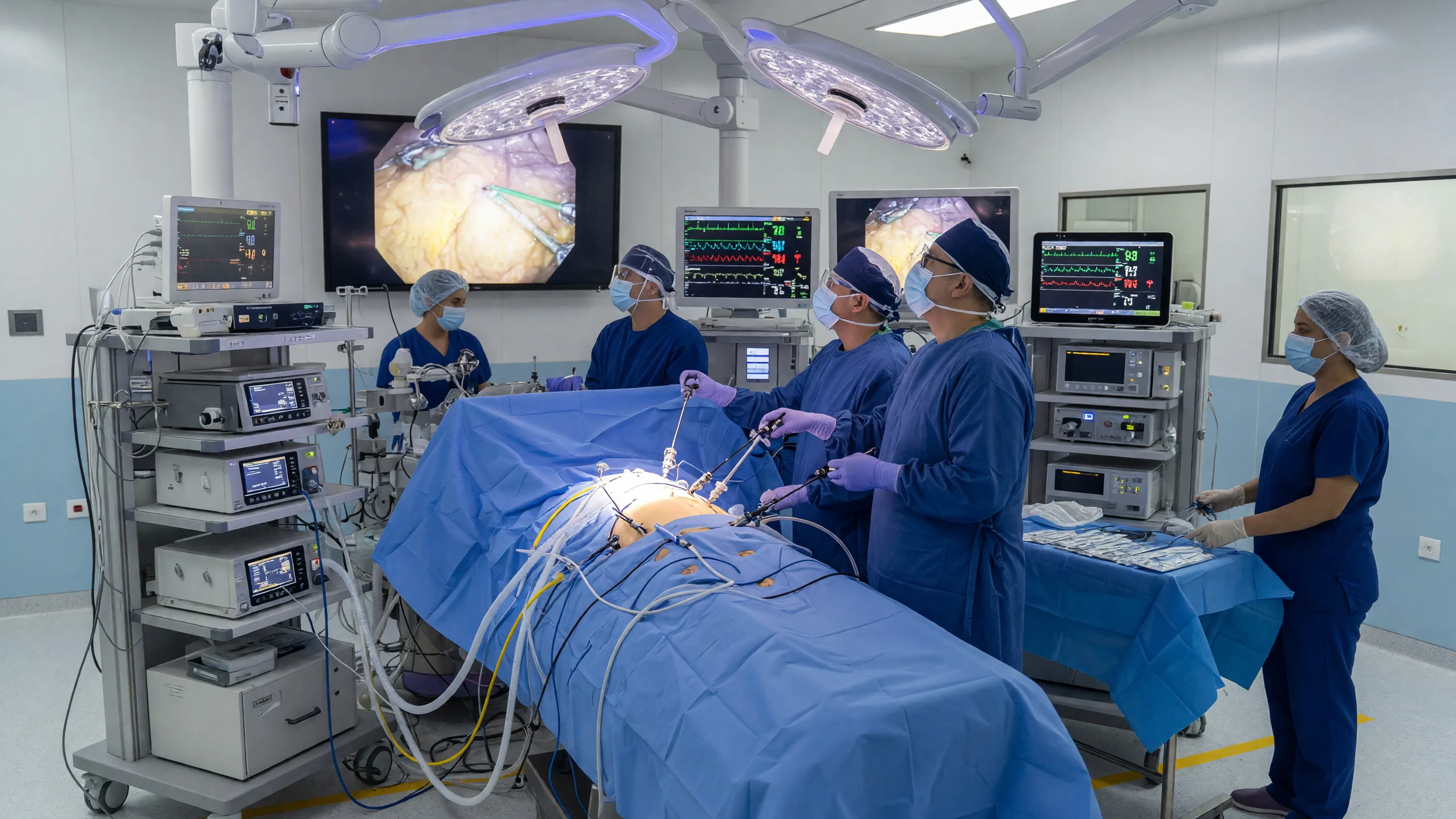 Surgeon performing laparoscopic sleeve gastrectomy weight-loss surgery in a modern operating room