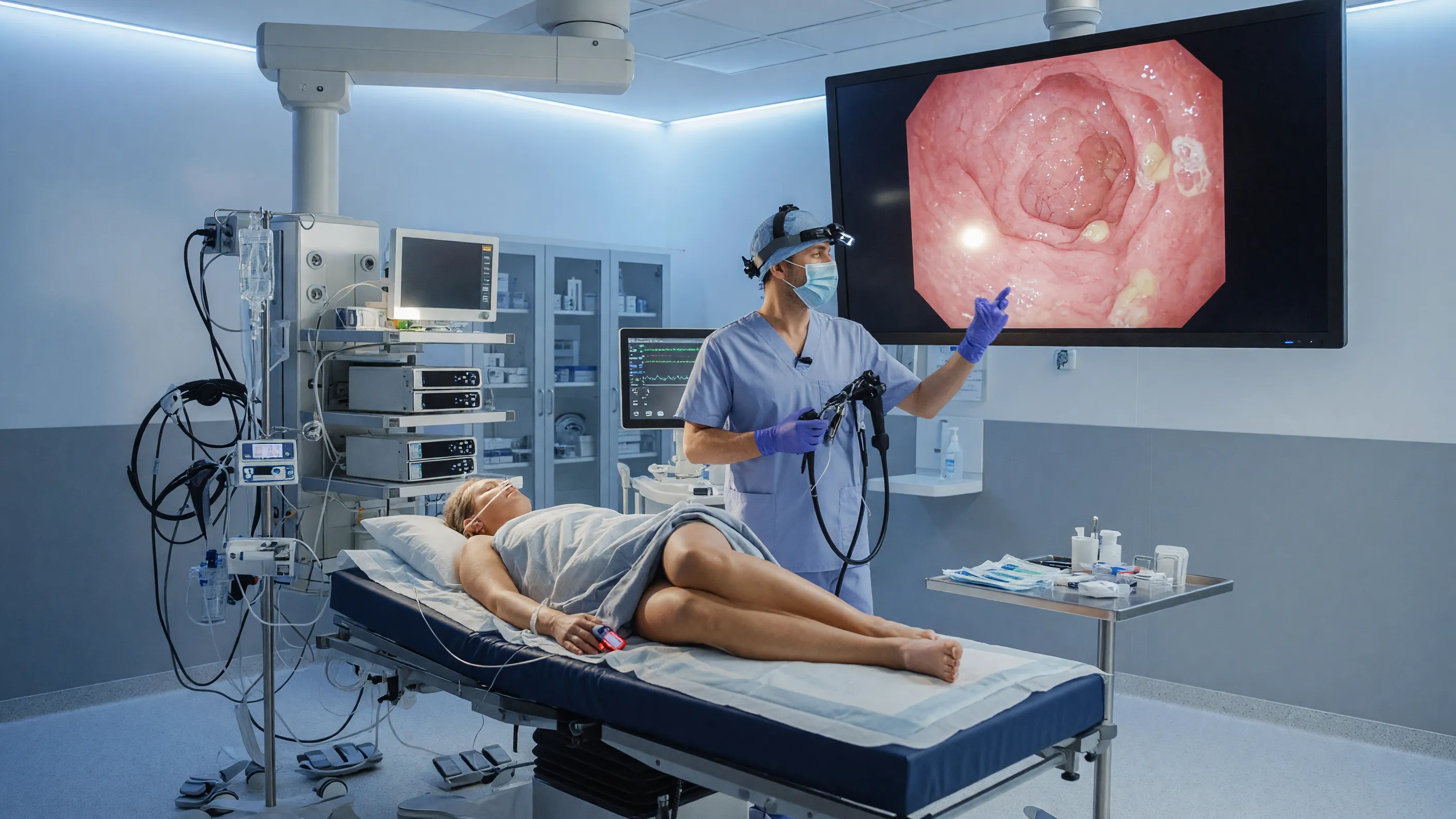 Doctor performing a colonoscopy for colon polyps in a modern endoscopy suite