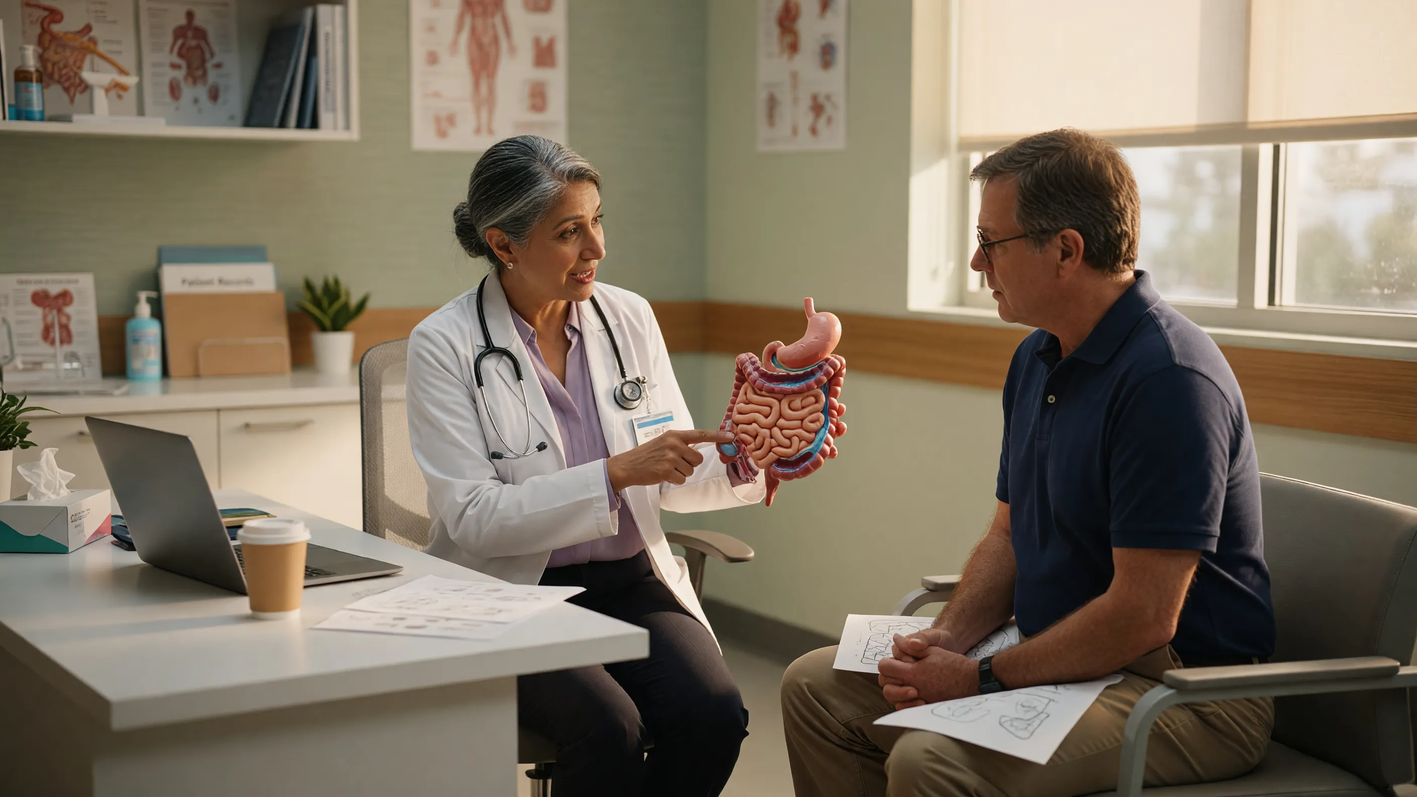 Doctor explaining colon cancer symptoms and early warning signs to a patient at Lux Hospitals