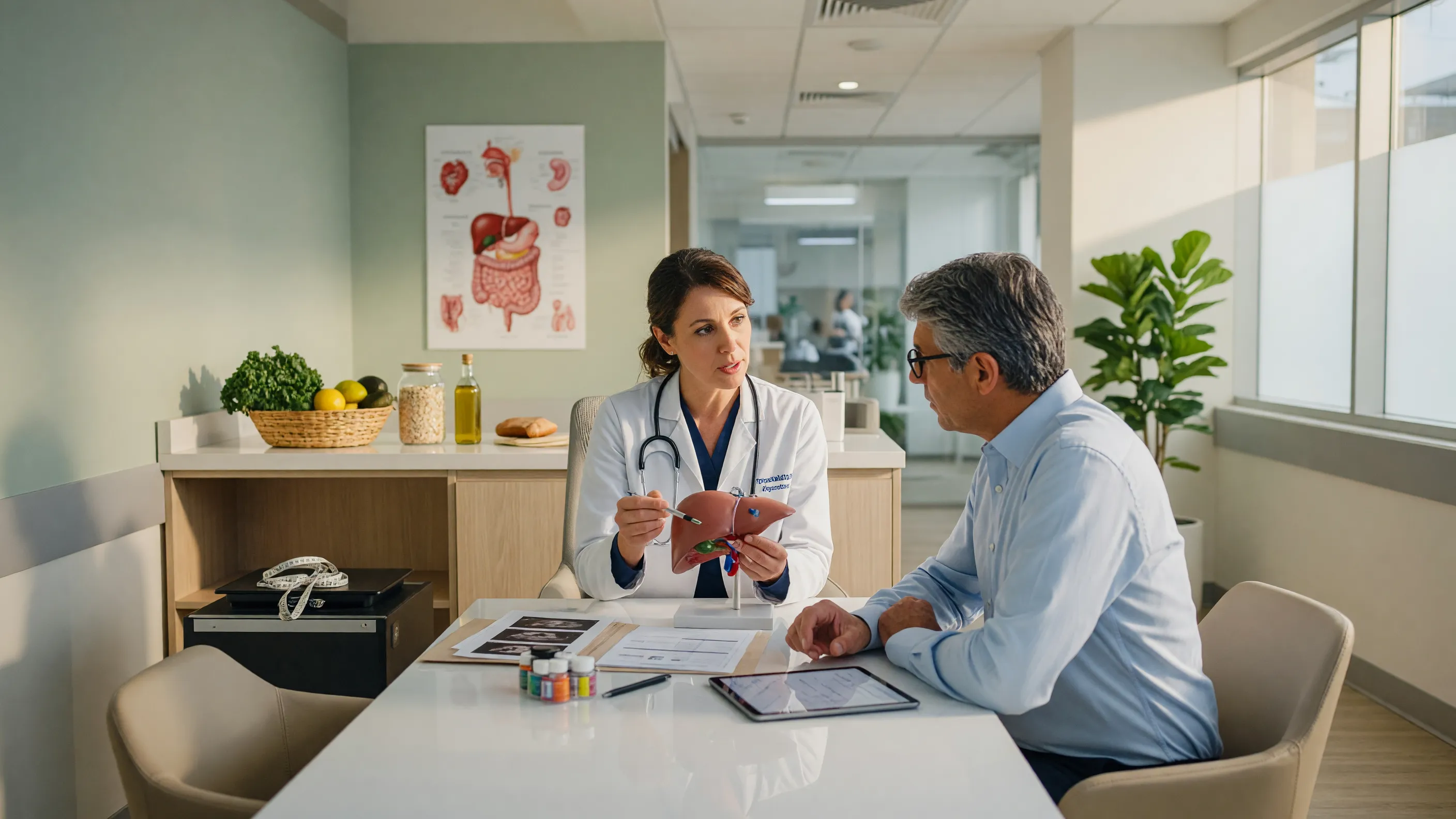 Doctor explaining fatty liver treatment and weight loss plan to a patient at Lux Hospitals